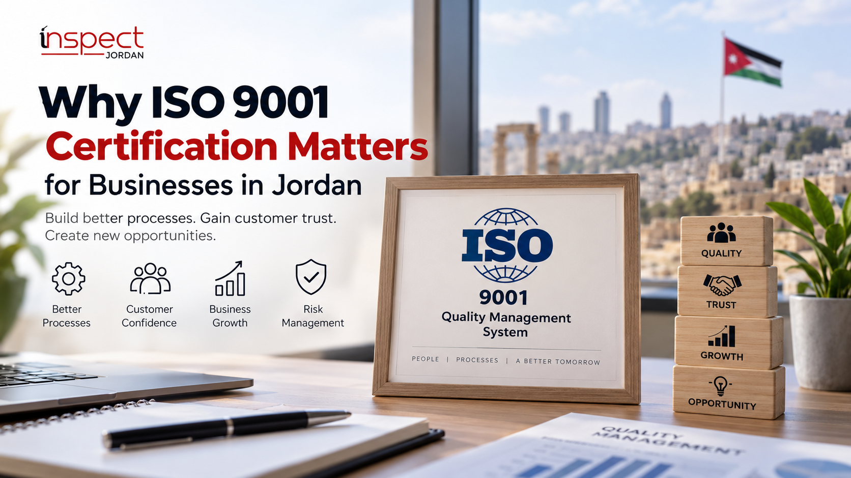ISO 9001 certification for businesses in Jordan with quality management, trust and business growth concepts